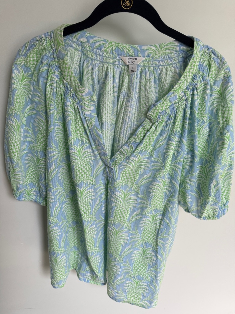 crown & ivy Light Blue Pineapple Print V-Neck Blouse